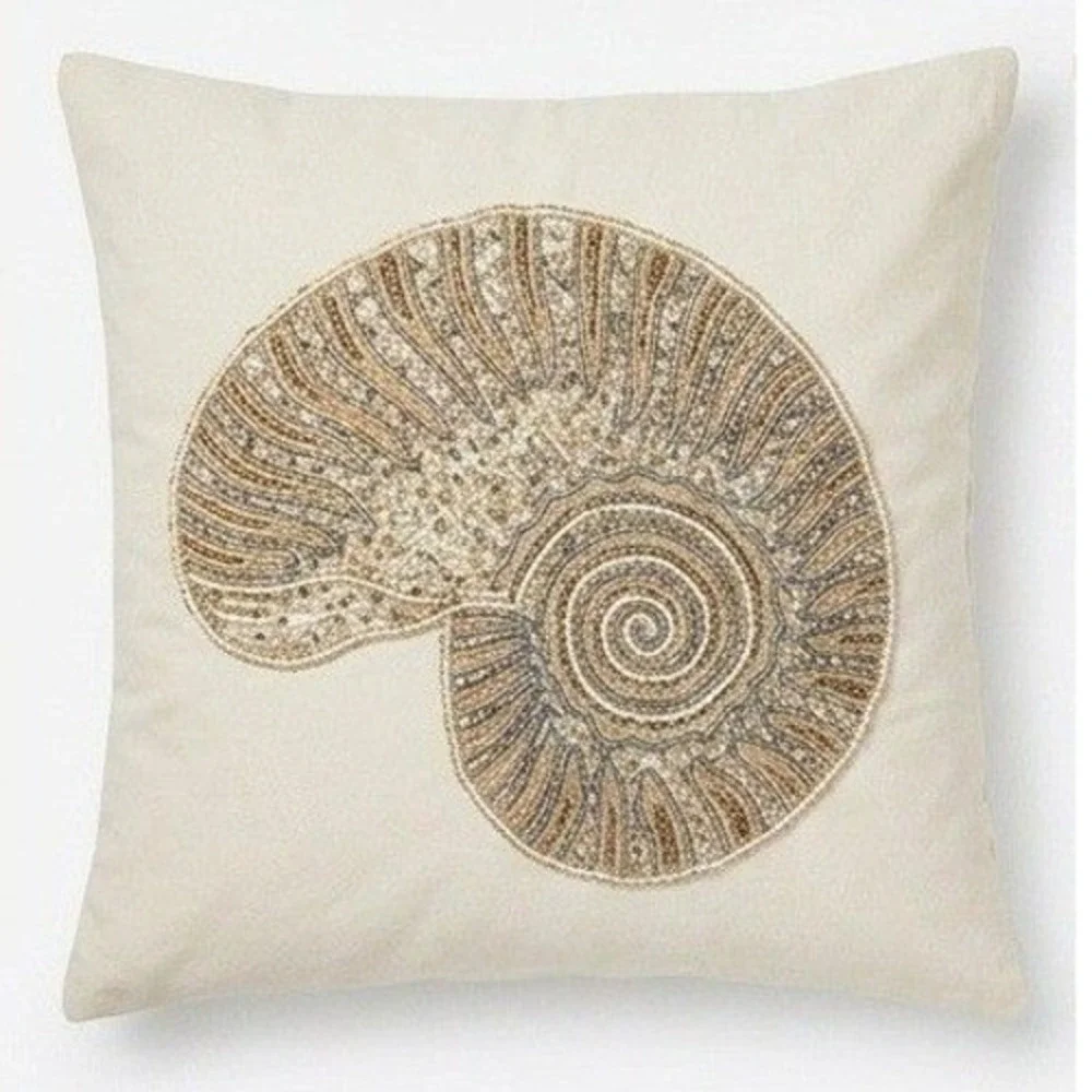 Pier 1 Beaded Nautilus Seashell Throw Pillow Cover Gold Coastal Decor Square